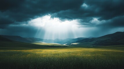 Wall Mural - A field of green grass with mountains in the background.