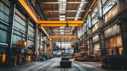 Poster - large industrial warehouse interior with overhead cranes and metal stacks during the day