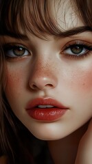 Wall Mural - Close-Up Portrait of a Woman with Freckles and Soft Makeup