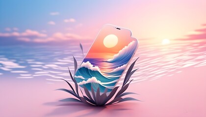 Wall Mural - Vibrant sunset ocean waves captured in intricate paper art, perfect for vertical phone wallpaper created with generative AI techniques