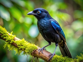 Wall Mural - Stunning Black Mask Bird Perched on Branch Amidst Lush Greenery in Natural Habitat Setting