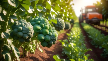 Wall Mural - Vibrant Close-Up of Ripe Broccoli Field Under Sunny Skies with Expansive Landscape