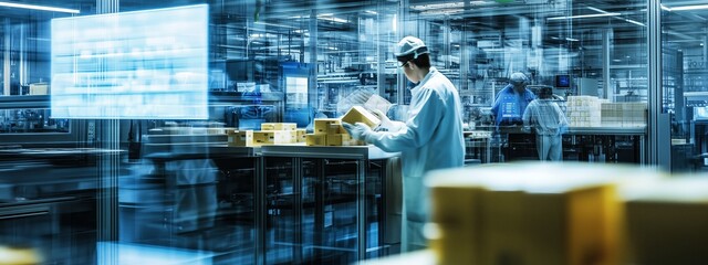 Poster - worker inspecting packaged goods in a high-tech warehouse during nighttime operations