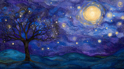 Wall Mural - A pointillist artwork of a starry night sky, with thousands of tiny dots of light creating a textured and abstract background. Pointillist Art. Illustration