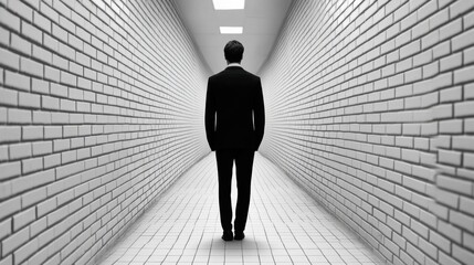 Poster - A man in a suit walking down an empty hallway, AI