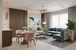 © Michael - Elegant Dining Corner and Airy Living Room Interior Style with Soft Colors and Modern Furniture 3D Rendering