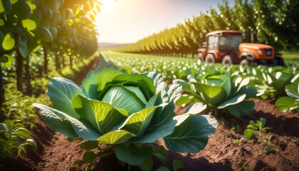 Wall Mural - Lush close-up of ripe cabbage field under sunny skies with vibrant landscapes in the background, showcasing the beauty of natures bounty in full bloom