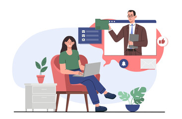 Poster - woman with work video call. young girl with laptop at work meeting on internet. video call and confe