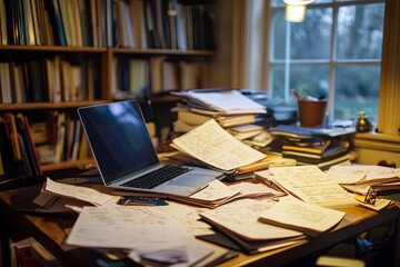 Poster - A cluttered workspace with papers and a laptop in a well-lit study during late afternoon hours. Generative AI