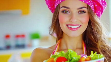 Wall Mural - A woman in a pink headband holding up a bowl of salad, AI