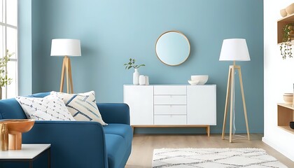 Wall Mural - Modern and stylish living room with a cozy atmosphere of blue sofa and white cupboard