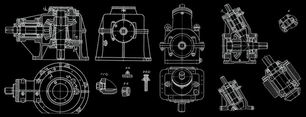 Canvas Print - Engineering mechanical pencil drawing of steel devices
(reducer, gearbox, engine)
with dimension lines. Industrial 
cad scheme. Technology background
of machine building industry. Machined template.
