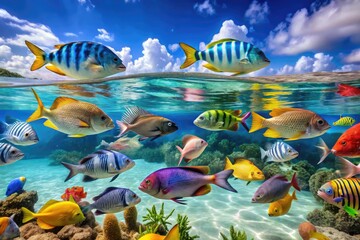 Sticker - Vibrant Underwater Fish in Crystal Clear Ocean Waters Showcasing Marine Life Diversity and Beauty