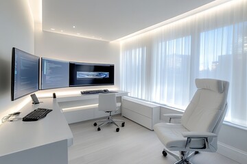 Poster - Minimalist home office with three screens and sleek furniture bathed in natural light during the day. Generative AI