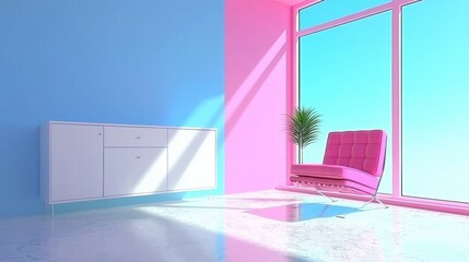Poster - Modern Interior with Pink and Blue Walls and Furnishings