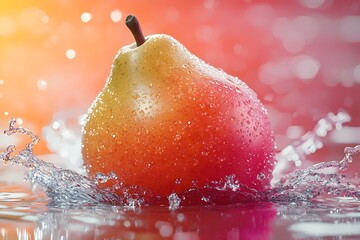 A red and yellow pear with water droplets sits in a pool of water, creating a splash.