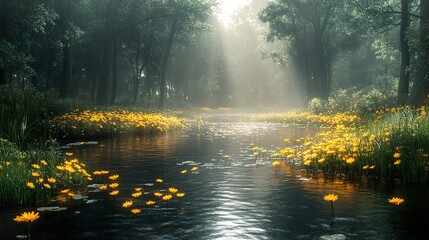 Poster - Sunlit River in a Misty Forest