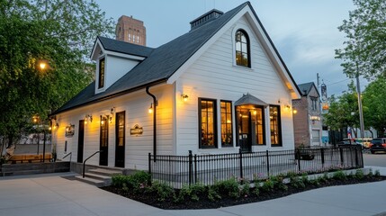 Poster - A small white house with a porch and lights on the front, AI