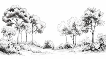 Cartoon sketch of a forest landscape with trees and bushes on a white background, pencil drawing in black and gray with line art. Line Art. Illustration