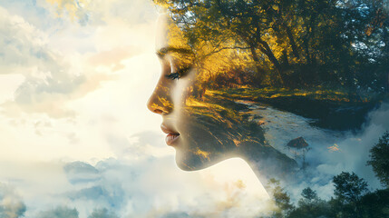 Wall Mural - Double exposure nature landscape in a woman face. portrait of lady. surreal painting. concept idea art of lonely, freedom, life, and dream. generative ai. Surreal Collage. Illustration