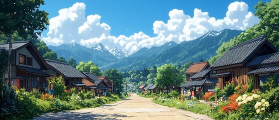 Wall Mural - Beautiful mountain village with colorful houses and lush green foliage on a sunny day