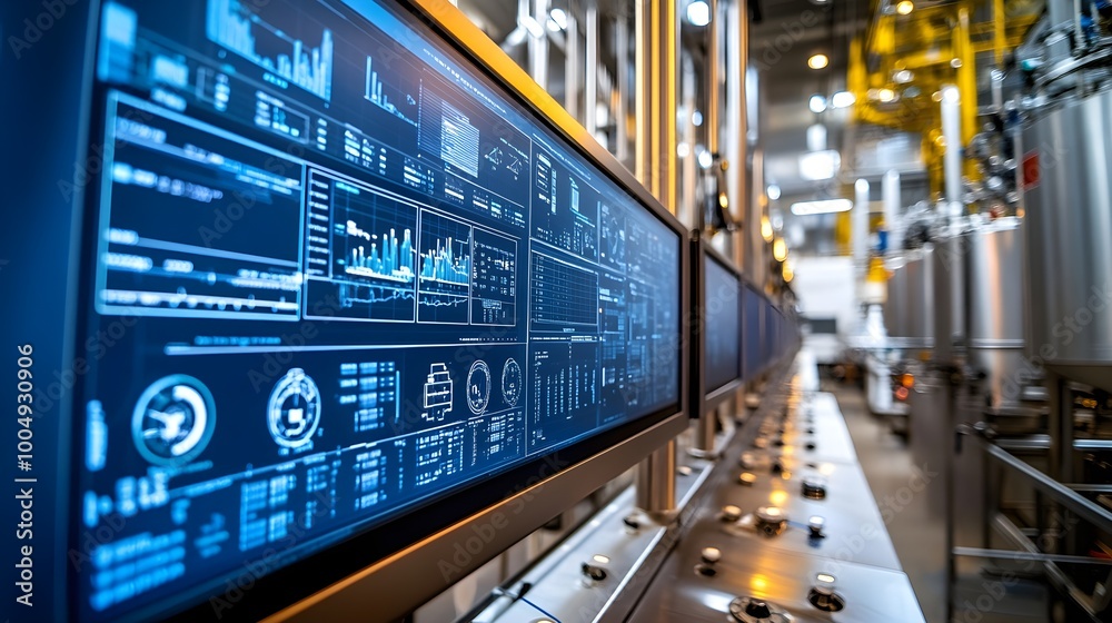 A modern food production facility's control hub, AI system overseeing ...