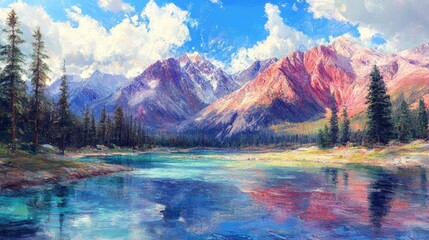 Wall Mural - A serene lake nestled between towering mountains, with lush forests surrounding it, reflecting the vibrant sky and mountain peaks in its crystal-clear waters.