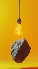 Poster - Creative concept of light bulb and floating rock against yellow background