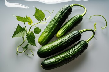 Fresh Organic Cucumbers with Leafy Tendrils on Clear Backdrop