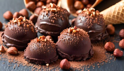 Wall Mural - Decadent close-up of a chocolate ice cream cone adorned with rich chocolate shavings and crunchy hazelnuts