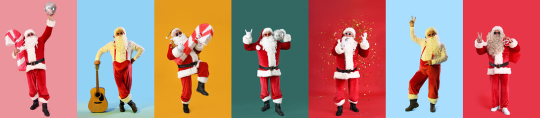 Sticker - Set of Santa Claus having fun on color background