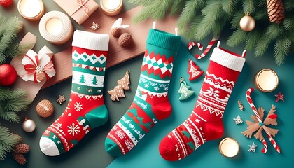 Festive Christmas atmosphere with socks and decoration designs.