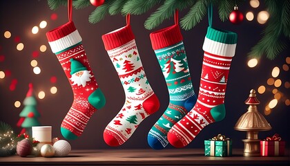 Festive Christmas atmosphere with socks and decoration designs.