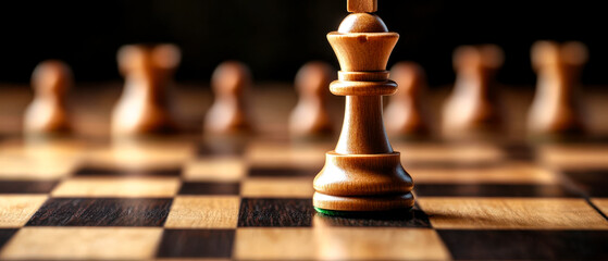 A close-up view of a wooden chess king piece on a chessboard, highlighting strategy and competition in a game of intellect.