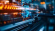 © Alpha - Robots in a sleek, modern food factory using AI-powered light sensors, vibrant holograms displaying data, 3D rendering, blue and white tones, sci-fi style