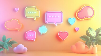 Poster - Illuminated Neon Thought Bubbles and Speech Box Icons on Soft Pastel Background