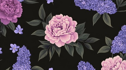 Wall Mural - Seamless pattern with pink peonies, lilac flowers, and green leaves on a black background.