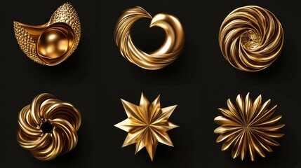 Six abstract golden geometric shapes isolated on a black background.