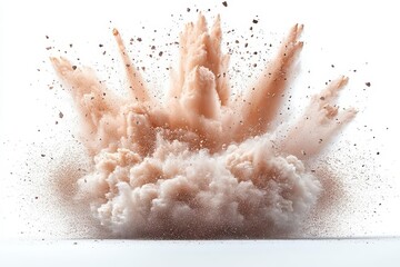 dynamic explosion of debris and dust captured in midair isolated on a stark white background conveyi