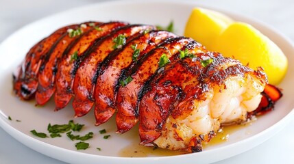 Mouthwatering Glazed Grilled Salmon Dish with Lemon and Parsley Garnish