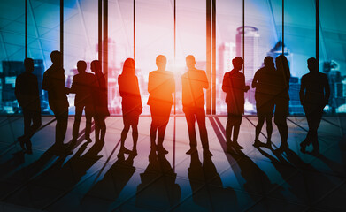 Wall Mural - double exposure image of many business people conference group meeting on city office building in ba