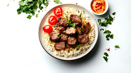 Delicious meat dish served over rice, garnished with fresh herbs and tomatoes, perfect for food lovers and culinary enthusiasts.