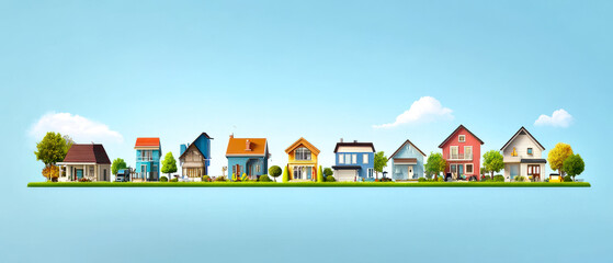 A vibrant illustration of colorful houses lined up under a clear blue sky, showcasing different architectural styles.