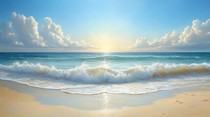 Wall Mural - Sandy beach with ocean waves and cloudy