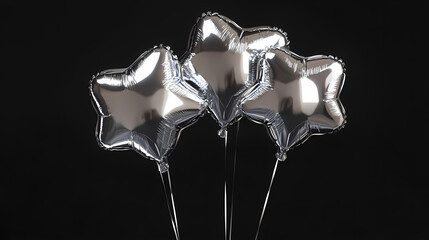Wall Mural - silver metallic balloons with one star and two hearts, rendered in a sleek, reflective finish agains