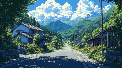 Wall Mural - Anime style illustration of a small village in a valley with mountains in the background