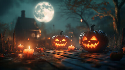 Wall Mural - Halloween pumpkin head jack lantern with burning candles, Spooky Forest with a full moon and wooden table, Pumpkins In Graveyard In The Spooky Night - Halloween Backdrop. Ai Generative
