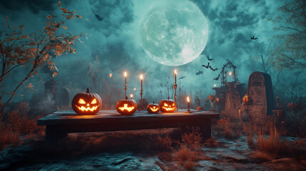 Wall Mural - Halloween pumpkin head jack lantern with burning candles, Spooky Forest with a full moon and wooden table, Pumpkins In Graveyard In The Spooky Night - Halloween Backdrop. Ai Generative
