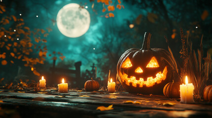 Wall Mural - Halloween pumpkin head jack lantern with burning candles, Spooky Forest with a full moon and wooden table, Pumpkins In Graveyard In The Spooky Night - Halloween Backdrop. Ai Generative
