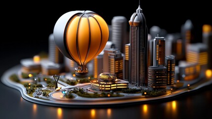 Cityscape at Dusk: A miniature 3D rendering of a modern city at night, featuring a hot air balloon gently hovering over a meticulously detailed cityscape.